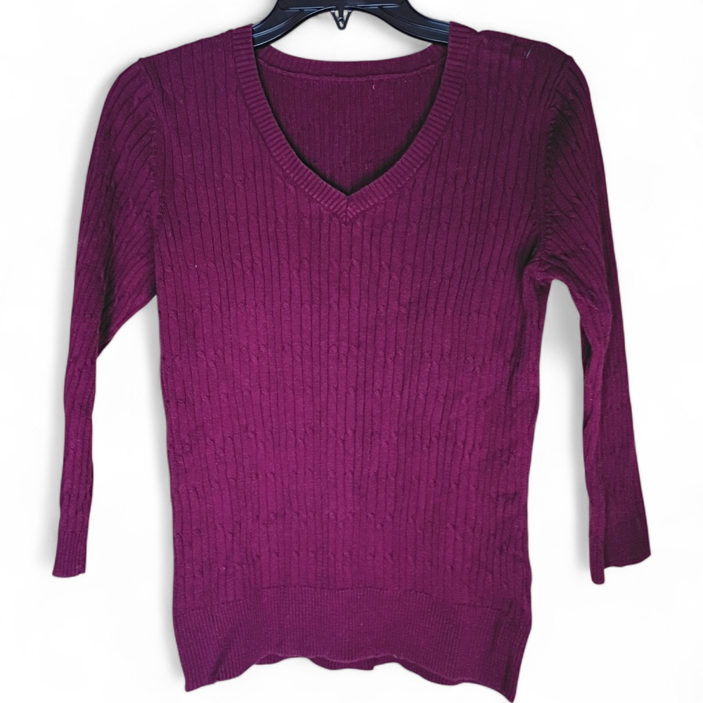 100% Woven Cotton Elegant V-Neck Sweater‎ Rich Purple Y2K Casual Cozy 3/4 Sleeve